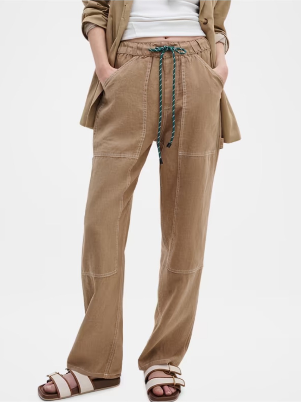 Rag & Bone Atlas Drawstring Linen Pants Tan Wide Leg